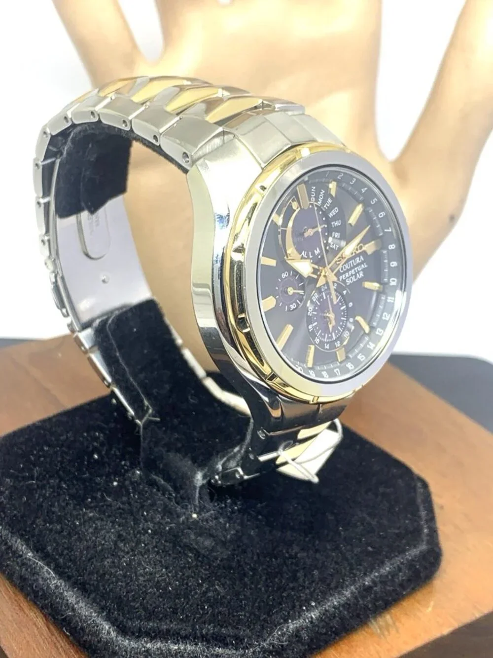Seiko Men's Watch SSC376 Coutura Black Dial Solar Chronograph Two Tone Steel